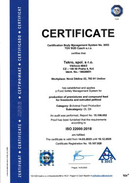 Certifikát ISO 22000 EN 2022